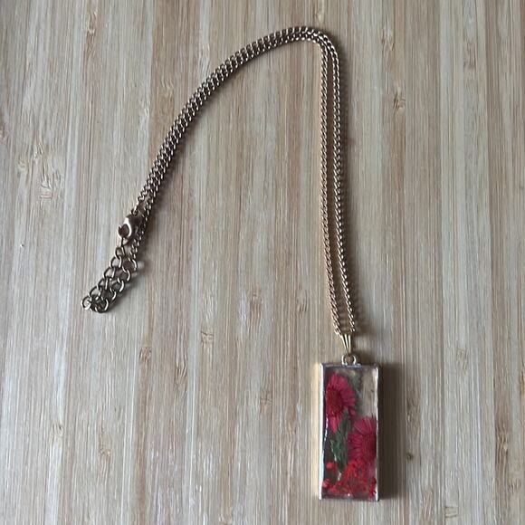 Resin Necklace with Red and Green Florals - Picture 5 of 7